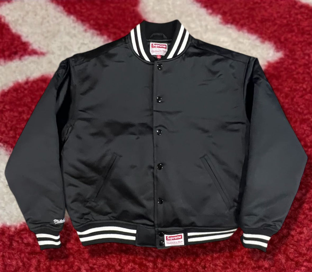 Supreme Mitchell & Ness Satin Varsity Jacket Black FW24 Supreme Mitchell & Ness Satin Varsity Jacket Black FW24