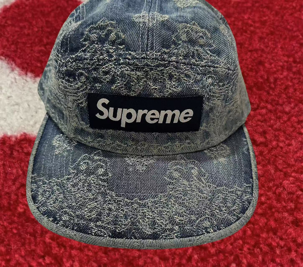 【美品】15SS Denim Skate Logo Camp Cap Blue Supreme Washed Chino Twill Camp Cap Denim Blue (FW23) Box