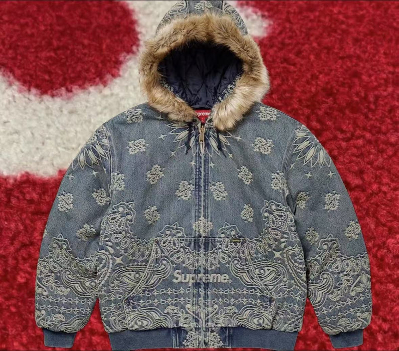 Supreme Bandana Jacquard Denim Hooded Work Jacket Blue SS25