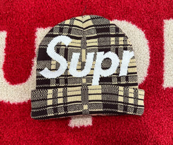 Supreme Big Logo Beanie Tan Plaid FW23