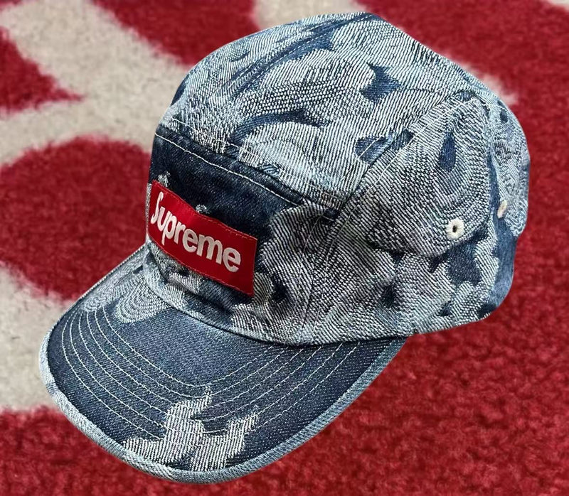 Supreme Flames Jacquard Denim Camp Cap Washed Indigo FW24 – UniqueHype