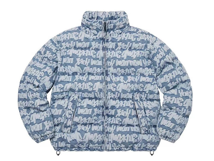Supreme Fat Tip Jacquard Denim Puffer Jacket Blue SS22