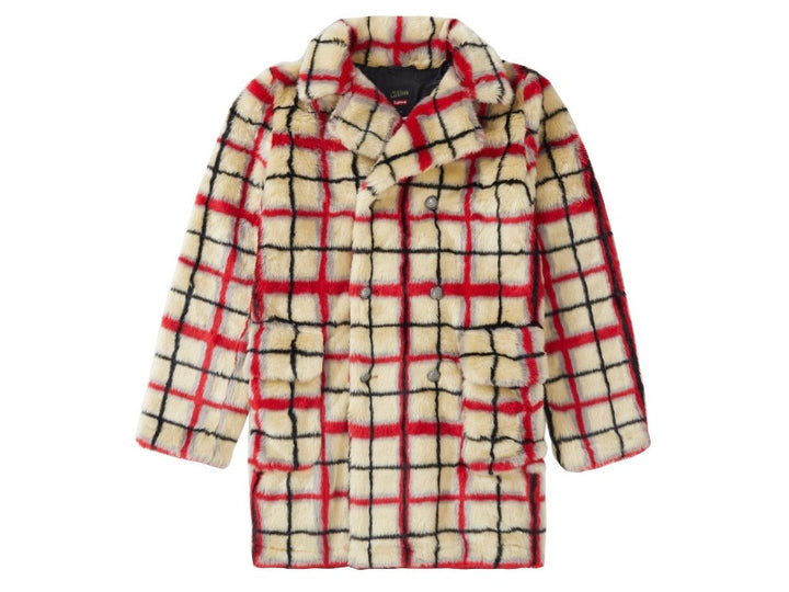 Supreme Jean Paul Gaultier Double Breasted Plaid Faux Fur Coat Offwhite SS19